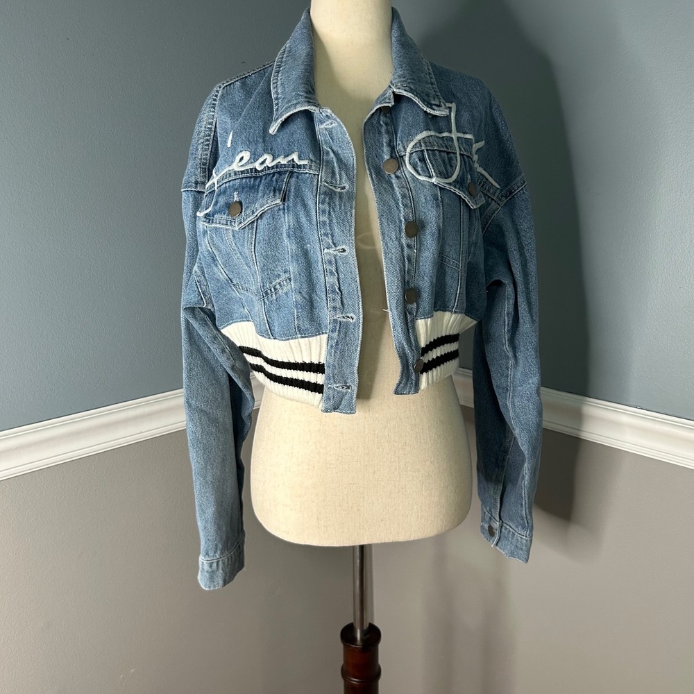 Sean John x‎ Missguided Blue Cropped Denim Jacket Varsity Knit Hem US 4